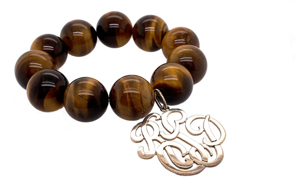 Custom Solid Gold Monogram Bracelet with Diamonds and Sandstone Beads Small / Silver