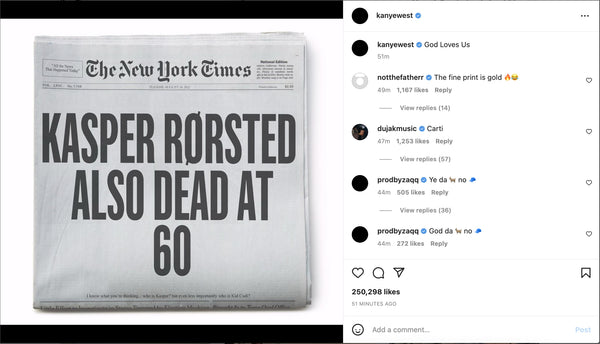 Instagram post by Kanye West reveals a newspaper front-page announcing the 'death' of Kasper Rørsted
