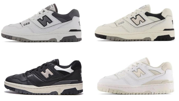 New Balance 550 sneakers in shades 'White Grey Black', 'White Beige', 'Panda' and 'Cream Black' from left to right