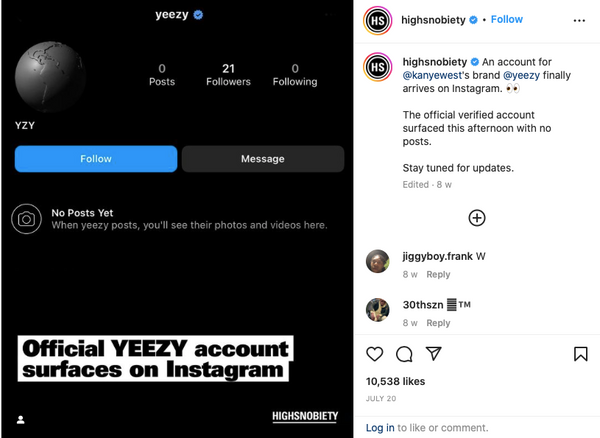 Instagram post by Highsnobiety displays YEEZY's verified instagram account