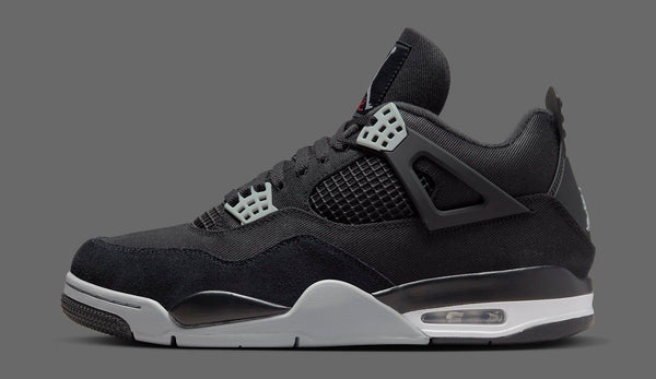 Air Jordan 4 Retro Black Canvas sneaker shot against a grey studio background