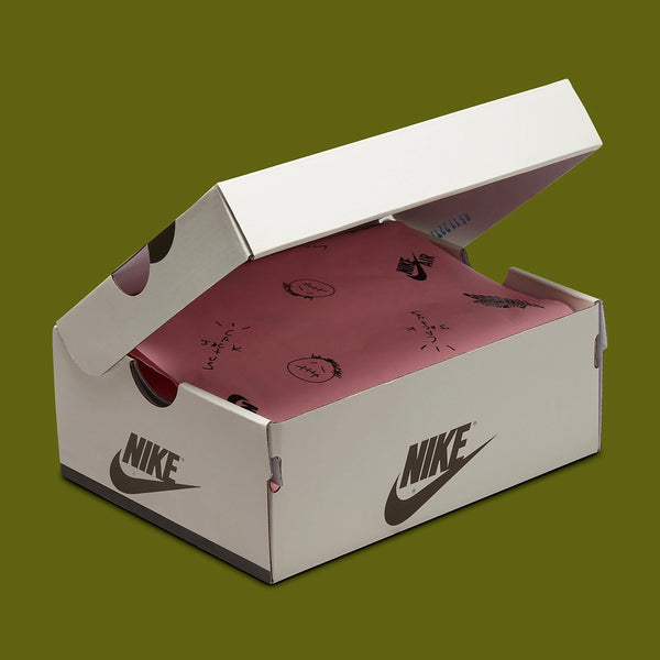 Travis Scott x Air Jordan 1 Low OG Olive sneakers in shoebox with Cactus Jack branding