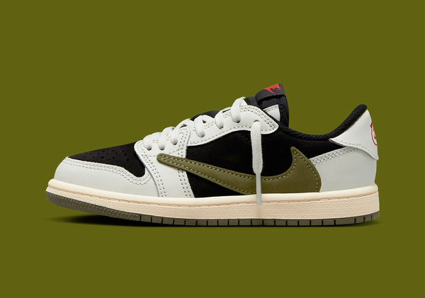 Travis Scott Air Jordan 1 Low OG Olive sneaker in black, white and green suede and leather