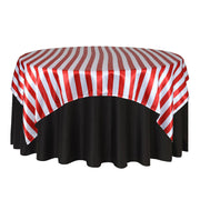 72 inch Square Satin Table Overlay Red and White Striped - Bridal Tablecloth