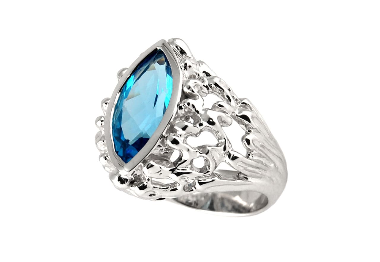 Custom Sculptural White Gold Ring With Blue Topaz