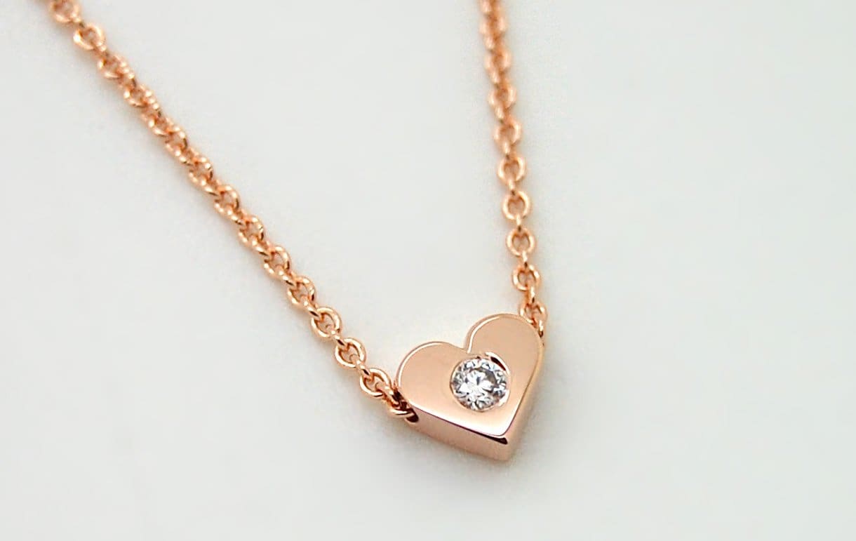 tiny 14K rose gold heart necklace with diamond