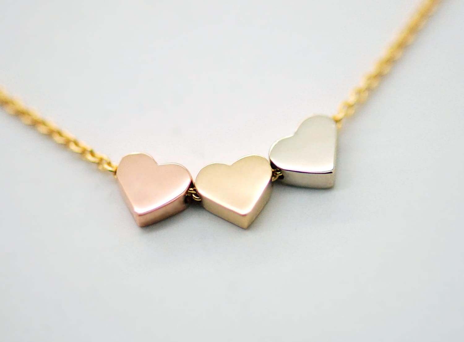 14k solid gold three hearts necklace yellow gold white gold rose gold necklace