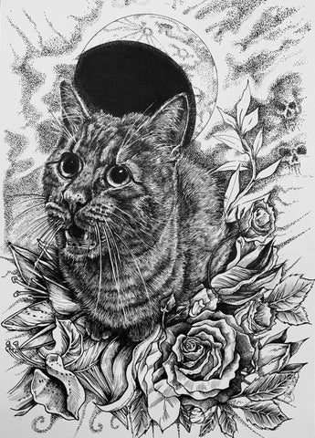 Cat pet portrait ink art commission 