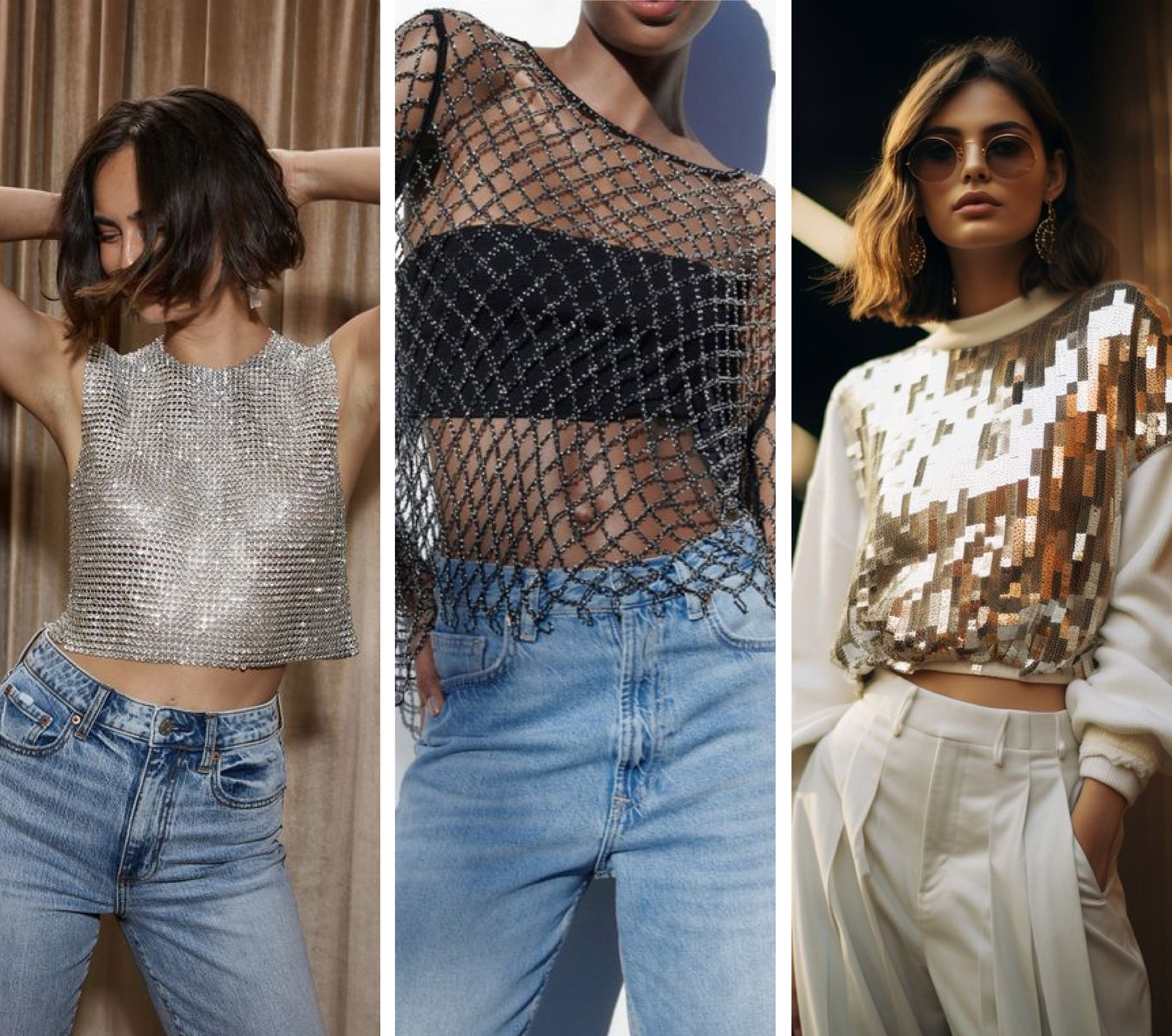 Outfits de moda con tops de brillo y llamativos