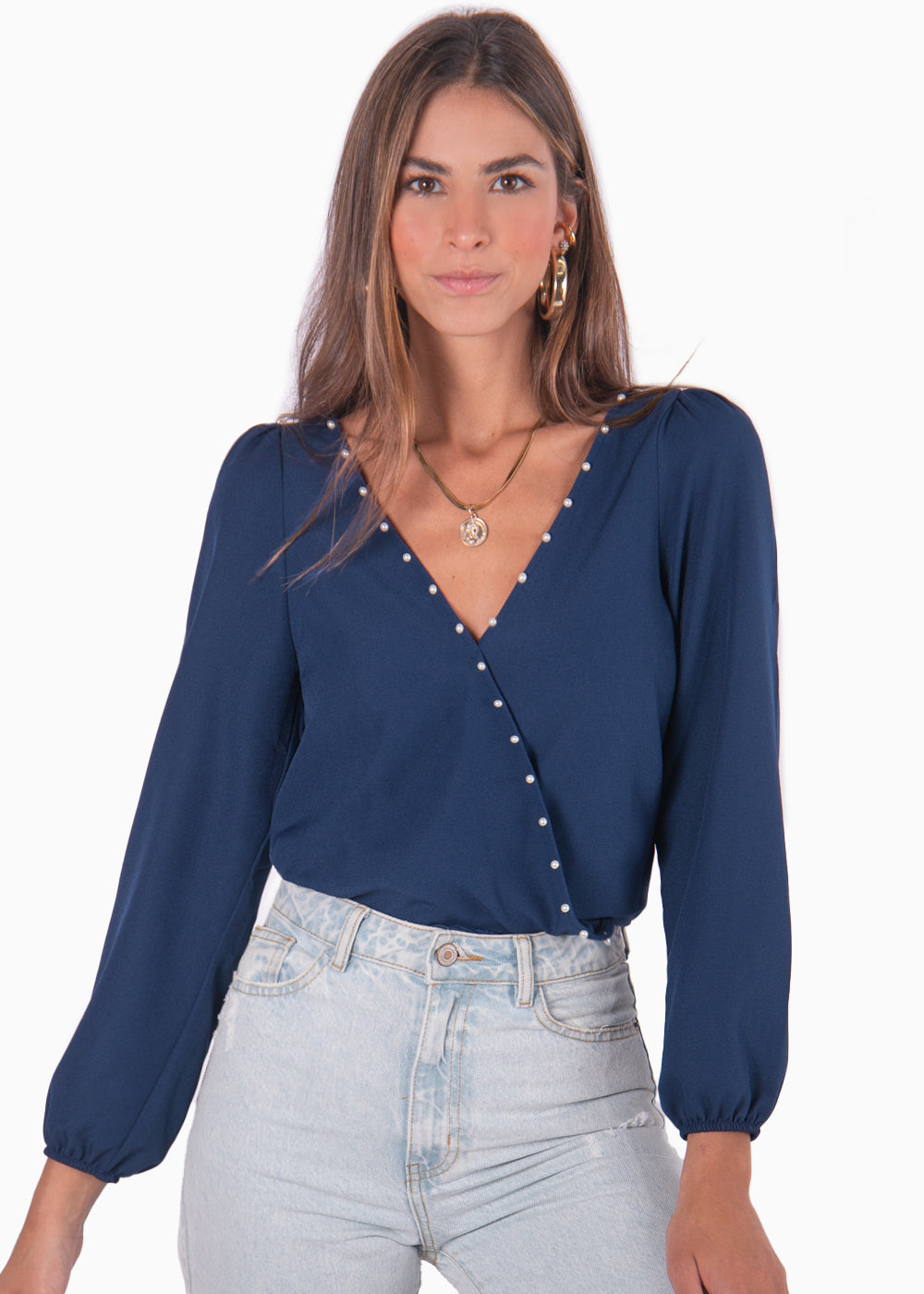 Blusa Manga Larga con Escote Cruzado con Perlas | Flashy Colombia