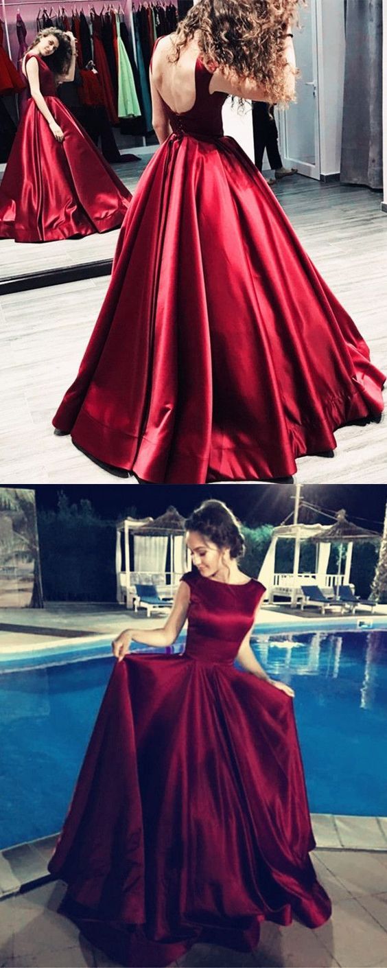 Simple Elegant Burgundy Satin Long Prom Dress | JLDressCA
