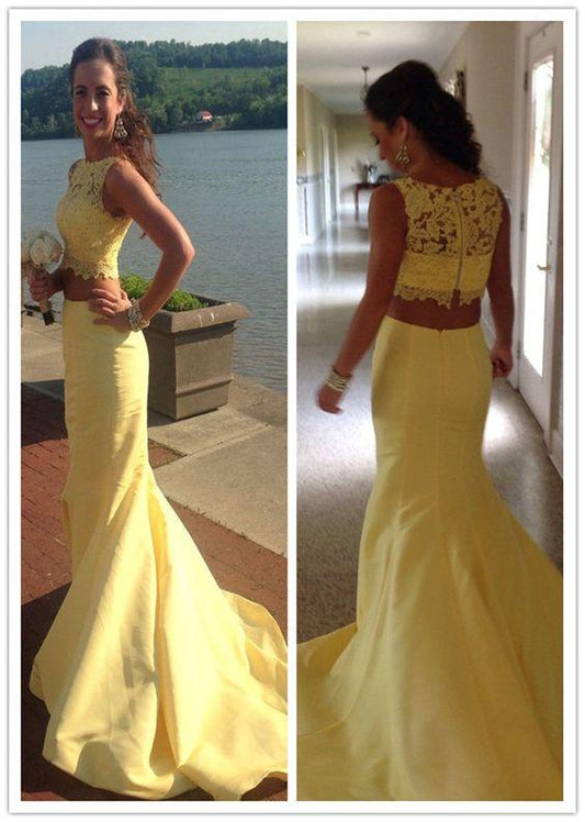 2020 two pieces yellow mermaid lace long prom dresses, PD6573