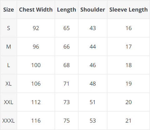 Shirt Size Chart (cm) - Mental Health Value