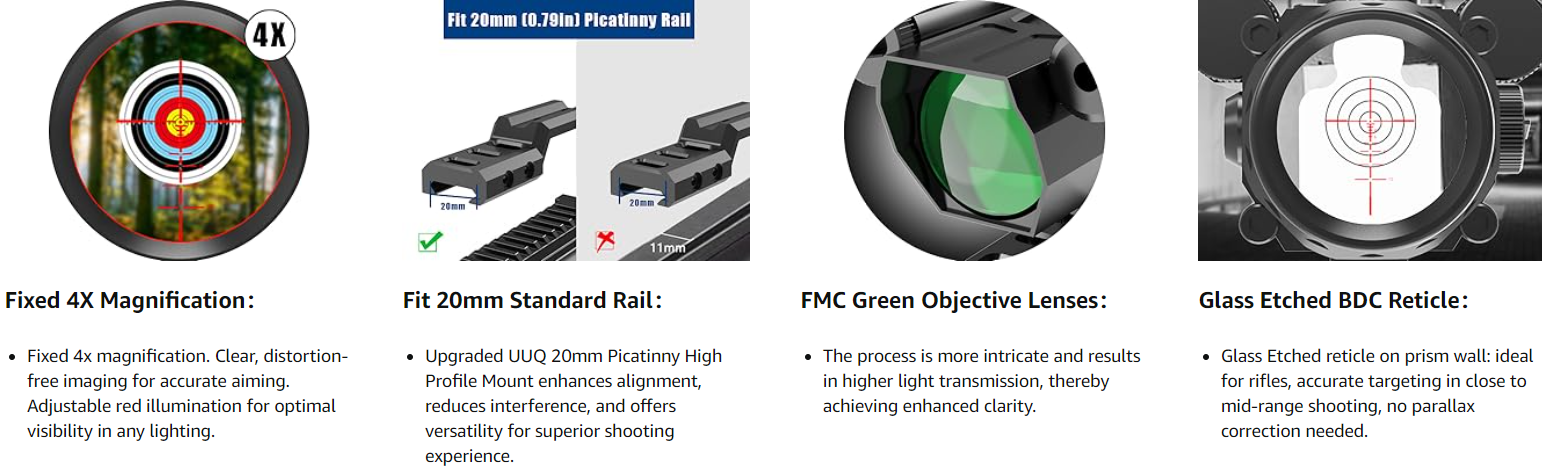 UUQ 4X32 Prism Rifle Scope with Red Laser 