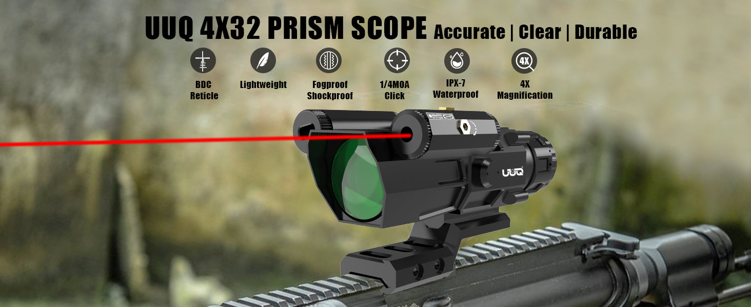 UUQ 4X32 Prism Rifle Scope with Red Laser and Illuminated Reticle