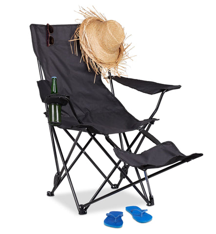 Foldable aluminium camping chair with footrest and bottle holder