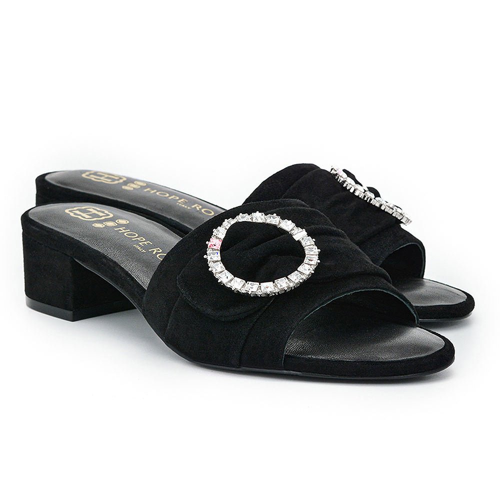 Black Suedette Diamante Buckle Sliders