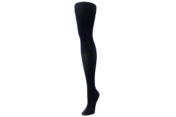 Image Showing Thigh High Compression Socks On Full Leg - Sheer Fabric Black