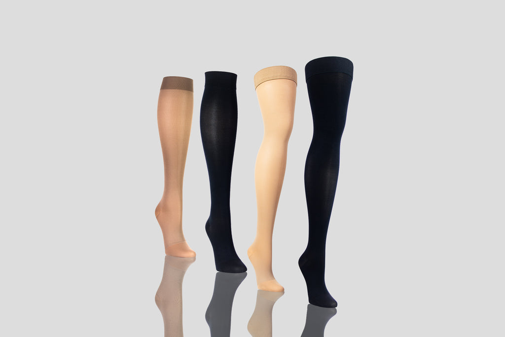Varicose Veins Compression Socks - Image Showing Knee High And Thigh High Compression Stockings In Beige And Black 