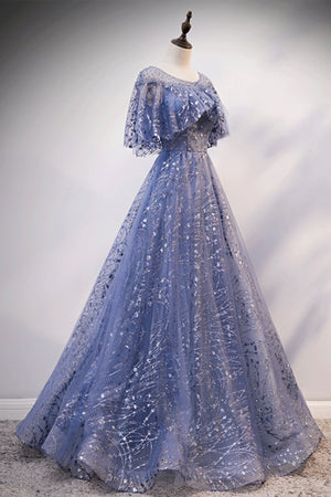 Blue tulle sequins long prom dress evening dress