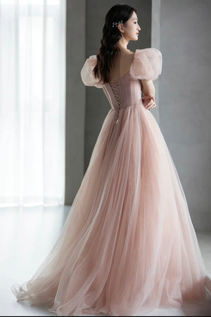 Pink tulle beads long prom dress pink evening dress