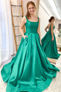 Green satin long prom dress green evening gown