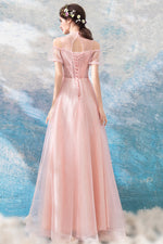 Pink lace long A line prom dress pink evening dress