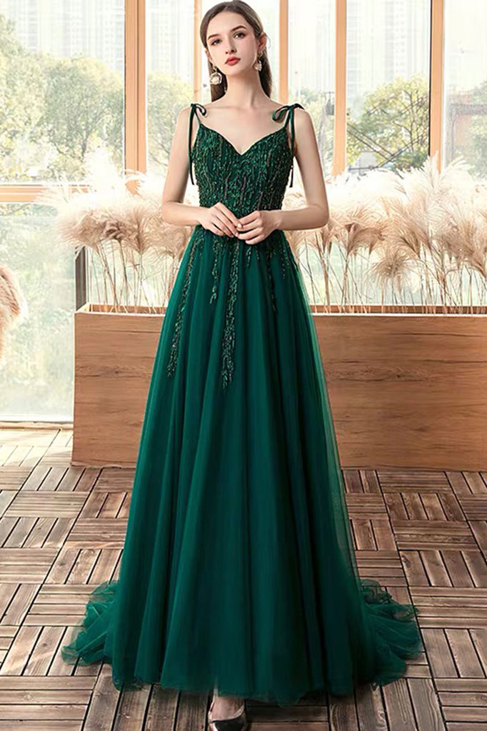 A Line V Neck Dark Green Lace Top Long Prom Dresses with Slit, Dark Gr –  morievent