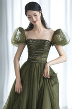 Green tulle long prom dress A line evening gown