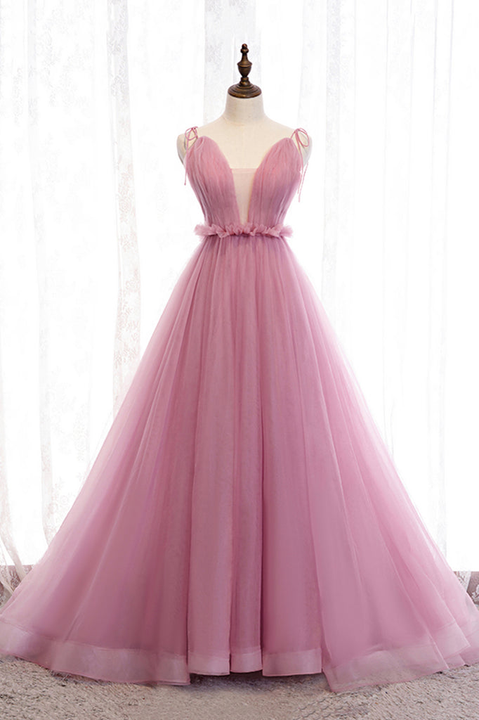 Lovelife Lovely Pink Tulle A-Line with Flowers Long Evening Gown Prom Dress, Light Pink Party Dresses