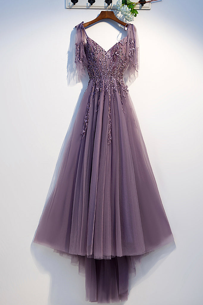 Purple tulle long prom dress purple lace long evening dress – dresstby