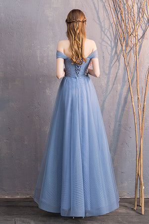 Blue tulle long A line prom dress bridesmaid dress