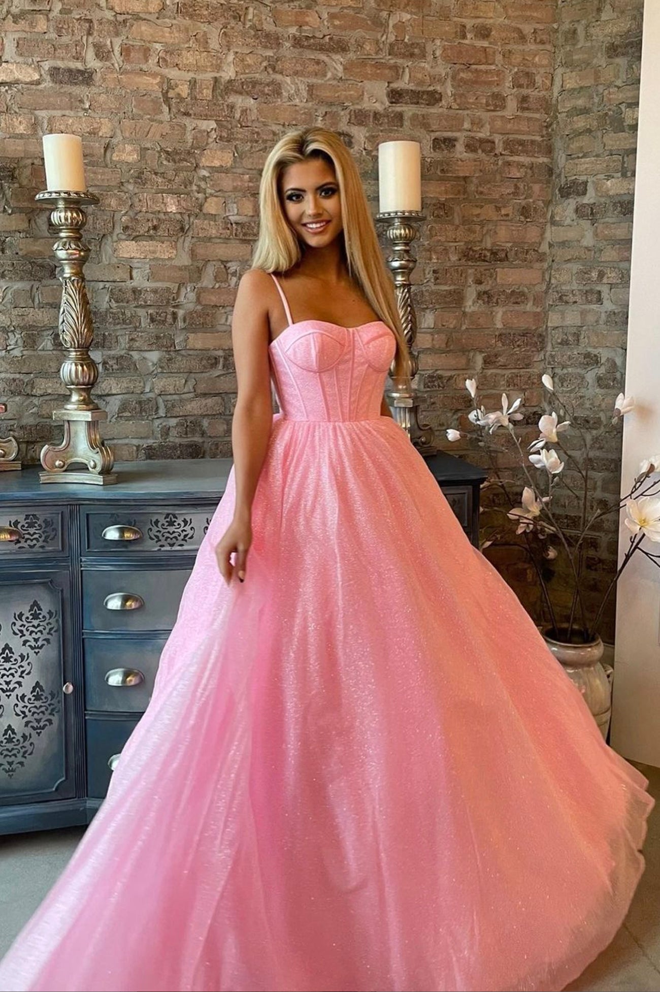 Pink tulle long prom dress A line evening dress