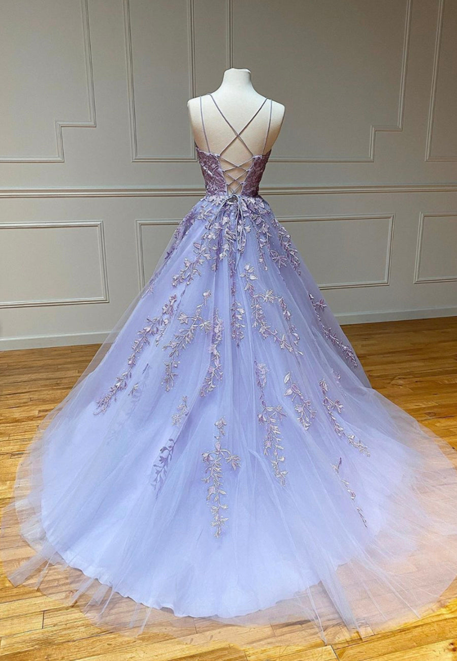 Purple lace tulle long prom gown formal dress – Loveydress