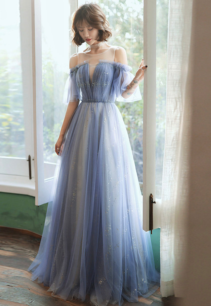 Blue tulle long prom dress blue evening dress – Loveydress