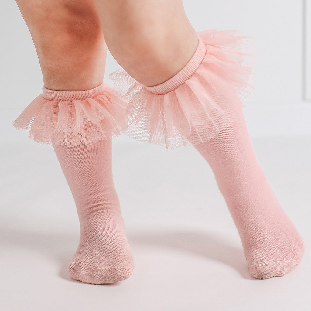 Image of Starry Pink Tulle Ruffle Knee High Socks