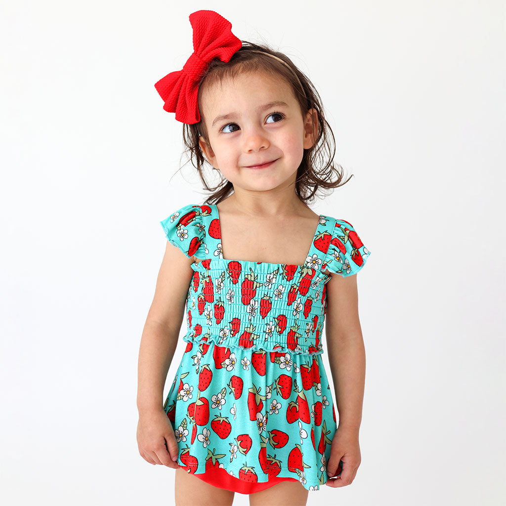 Image of Happy Berry Flutter Sleeve Smocked Babydoll Bummie Set