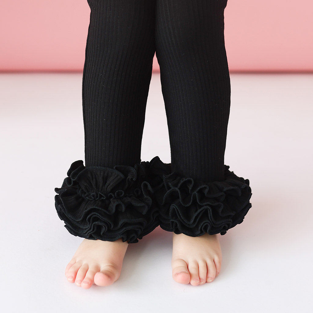 Image of Black Ribbed Ruffled Leggings