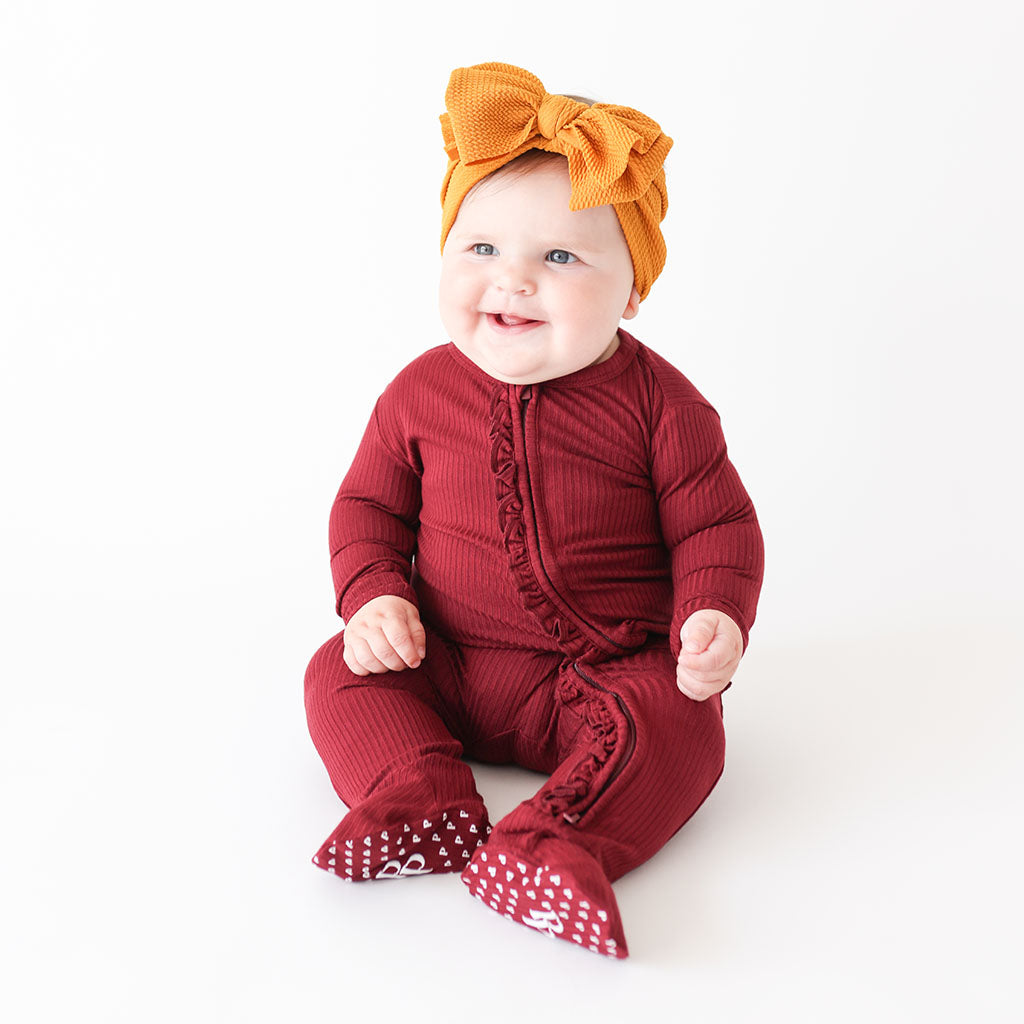 Image of Dark Cherry Ribbed Footie Ruffled Zippered One Piece