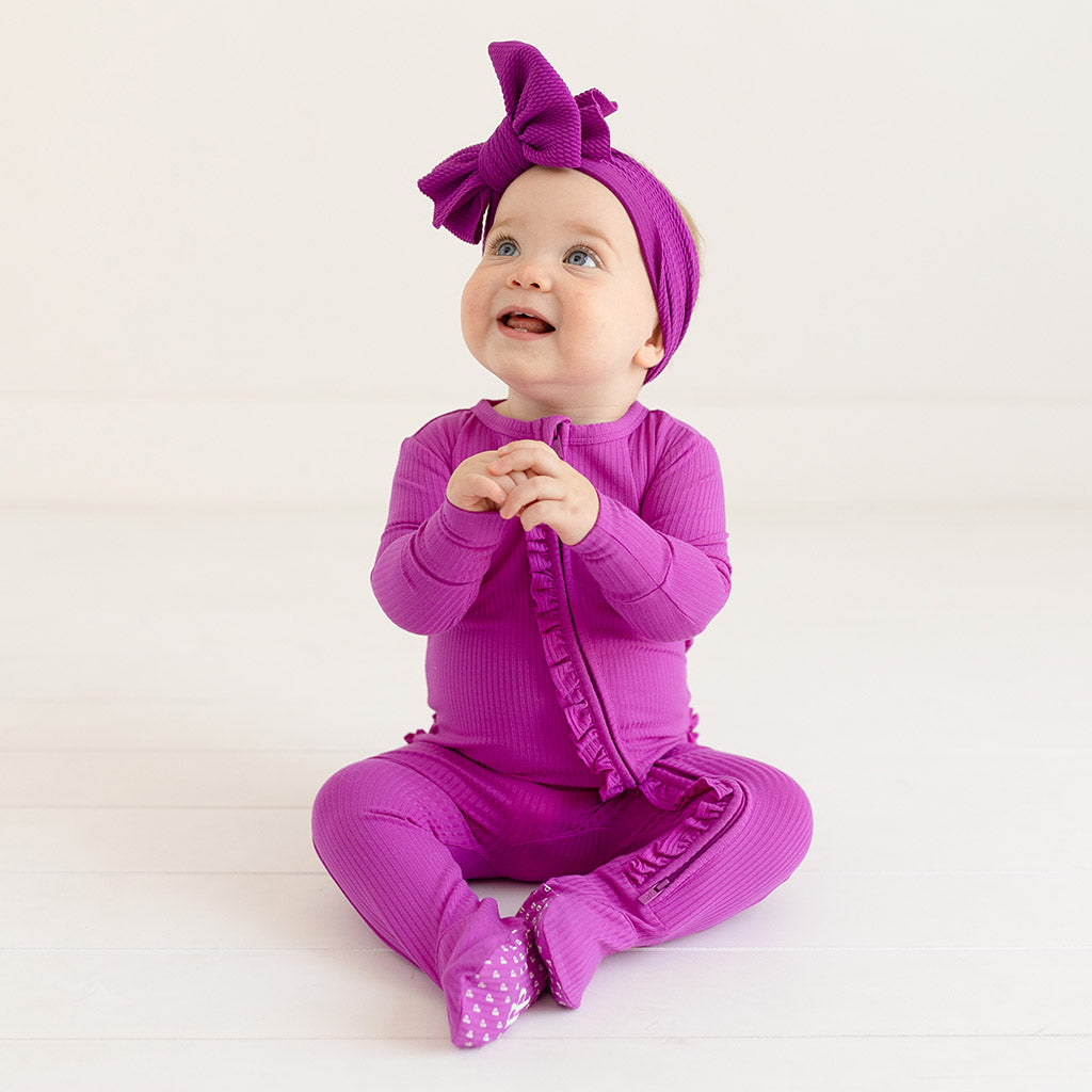 Image of Posh Plum Ribbed Footie Ruffled Zippered One Piece