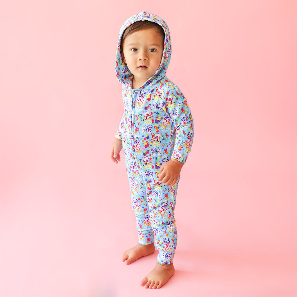 Image of Lisa Frank® Spotty & Dotty™ Bamboo French Terry Long Sleeve Zippered Hooded Romper
