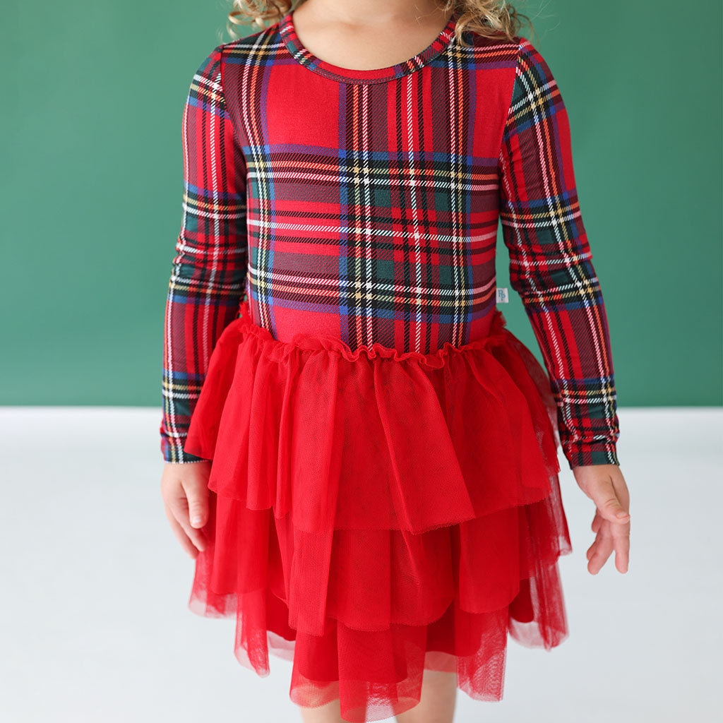 Image of Red Tartan Plaid Long Sleeve Tulle Dress