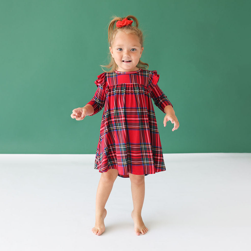 Image of Red Tartan Plaid 3/4 Sleeve Flutter Dress