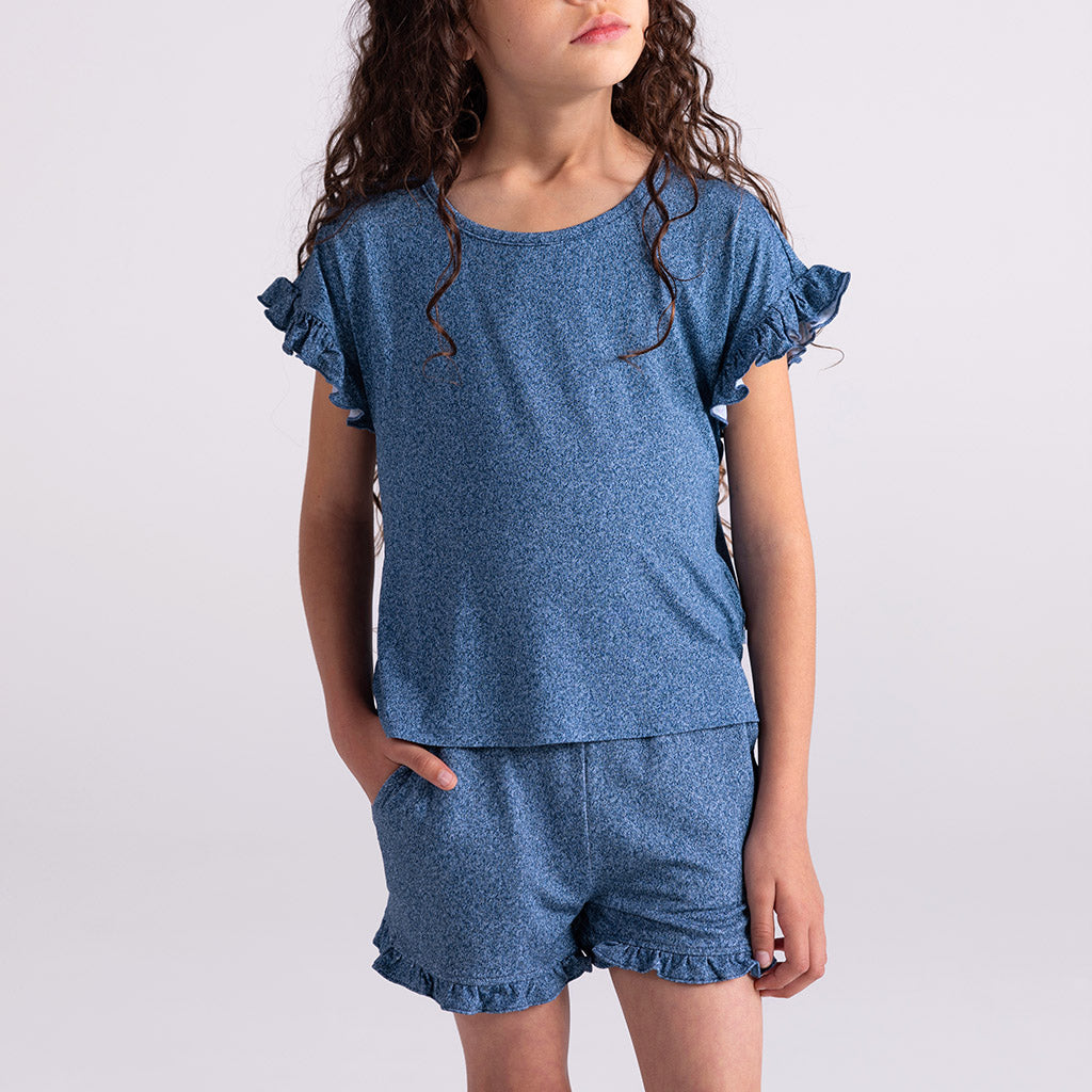 Image of Indigo Denim French Terry Ruffled Shorts