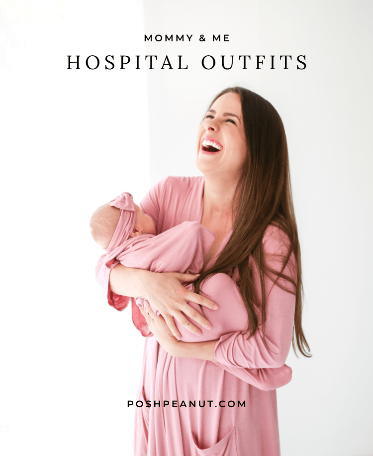 Laughing Mom Holding Baby in Matching Hospital Outfits