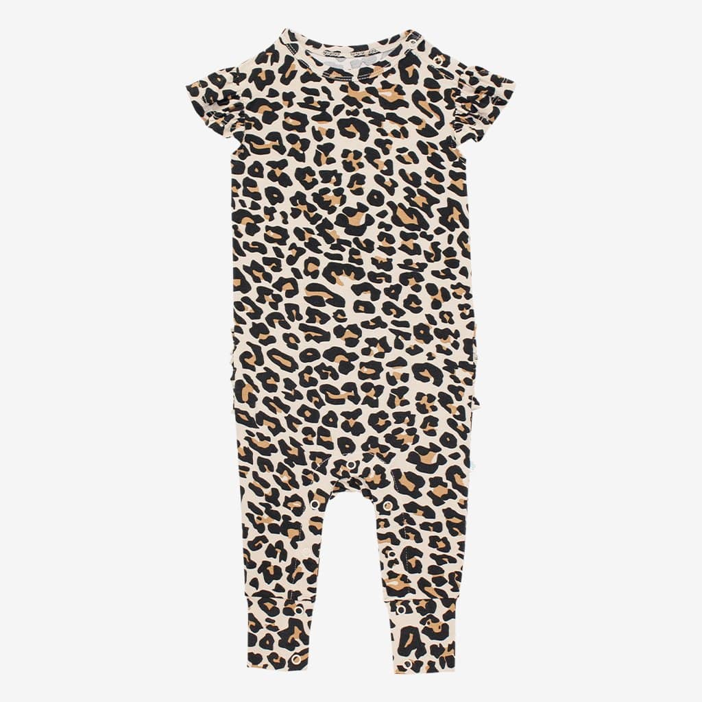 Image of Lana Leopard Tan Ruffled Cap Sleeve Romper