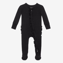 Footie Ruffled Zippered One Piece | Black Ribbed | Baby Girl Sleeper