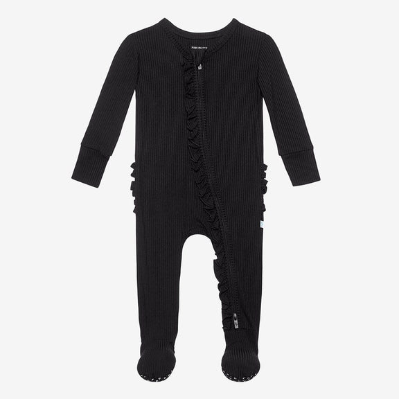 Black Ribbed Footie Ruffled Zippered One Piece