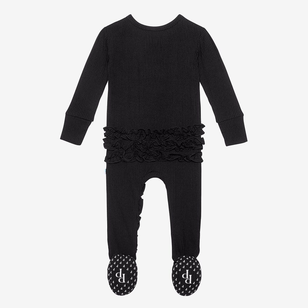 Footie Ruffled Zippered One Piece | Black Ribbed | Baby Girl Sleeper ...