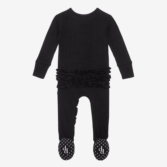 Black Ribbed Footie Ruffled Zippered One Piece back side